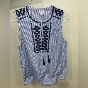 J. Crew Factory Cornflower & White Striped w Navy Embroidery, Tassels Top - sz 6